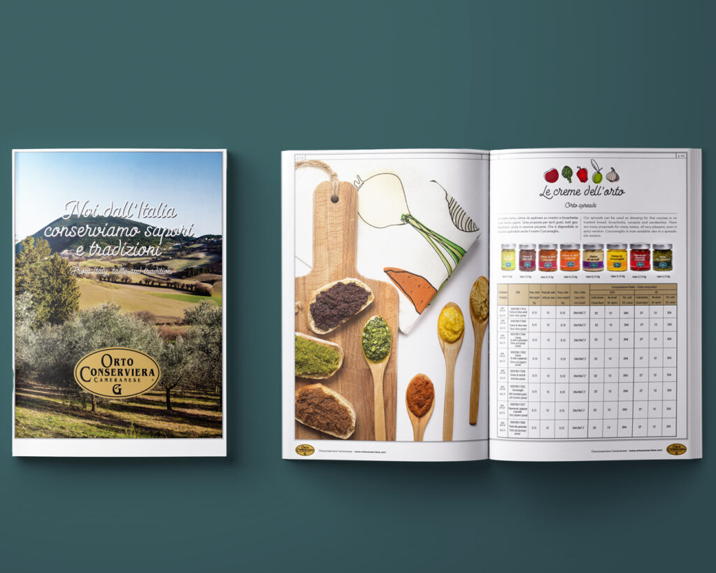 Progettazione grafica del catalogo aziendale Ortoconserviera Cameranese, realizzata da Stefania Cola, fotografa e grafica food.