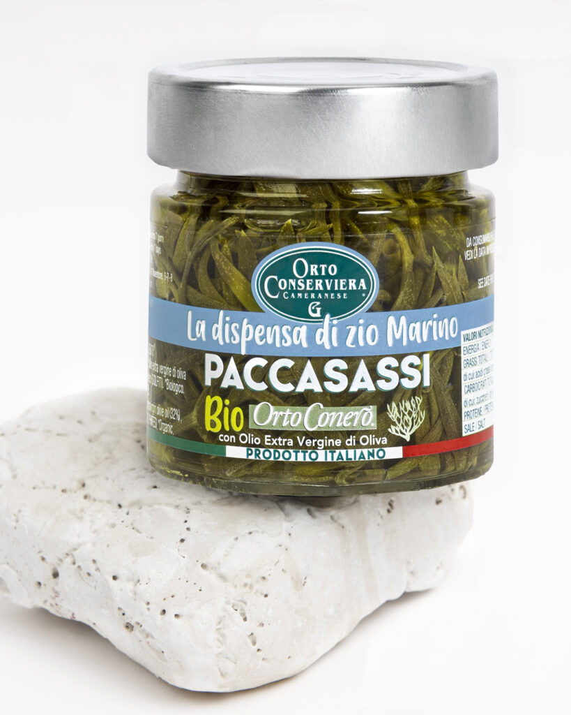 vasetto di paccasassi sott'olio fotografato in still life sopra un sasso della riviera del Conero